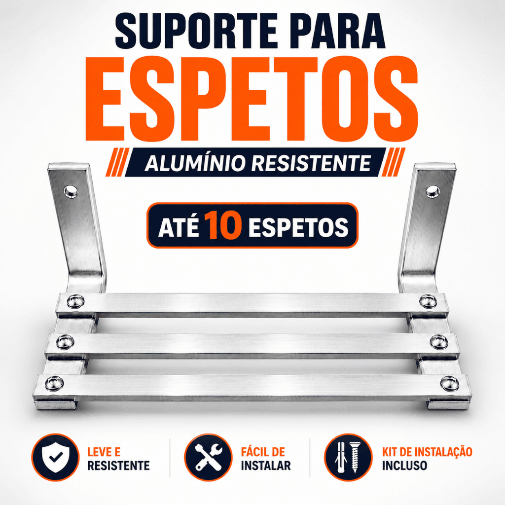 Suporte de Parede para 10 Espetos de Churrasco 22cm Alumínio Organizador Kit de Instalação