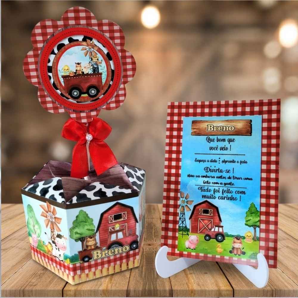 Centro de Mesa Fazendinha Vermelha +Plaquinha Cachepot Personalizado p/Festa de Aniversário Infantil/Lembrancinha/Enfeit