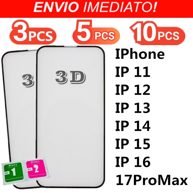 KIT 3Pcs/5Pcs/10Pcs Películas 3D iPhone Vidro Temperado Full Cover HD 9H iPhone 11 12 13 14 15 16 17 Pro Max