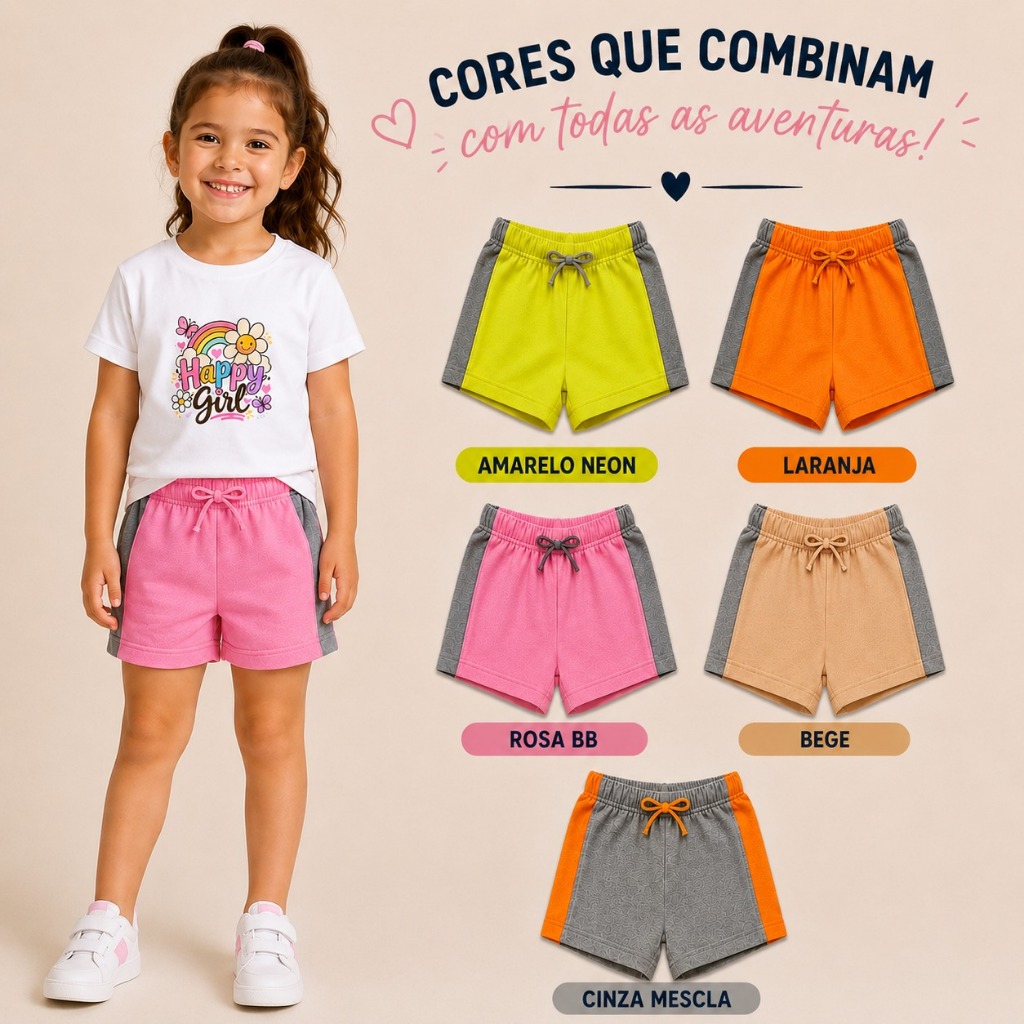 Conjunto Menina Infantil Juvenil 100% Algodão Camiseta Estampada Short Moletinho Verão 2 a 14 anos