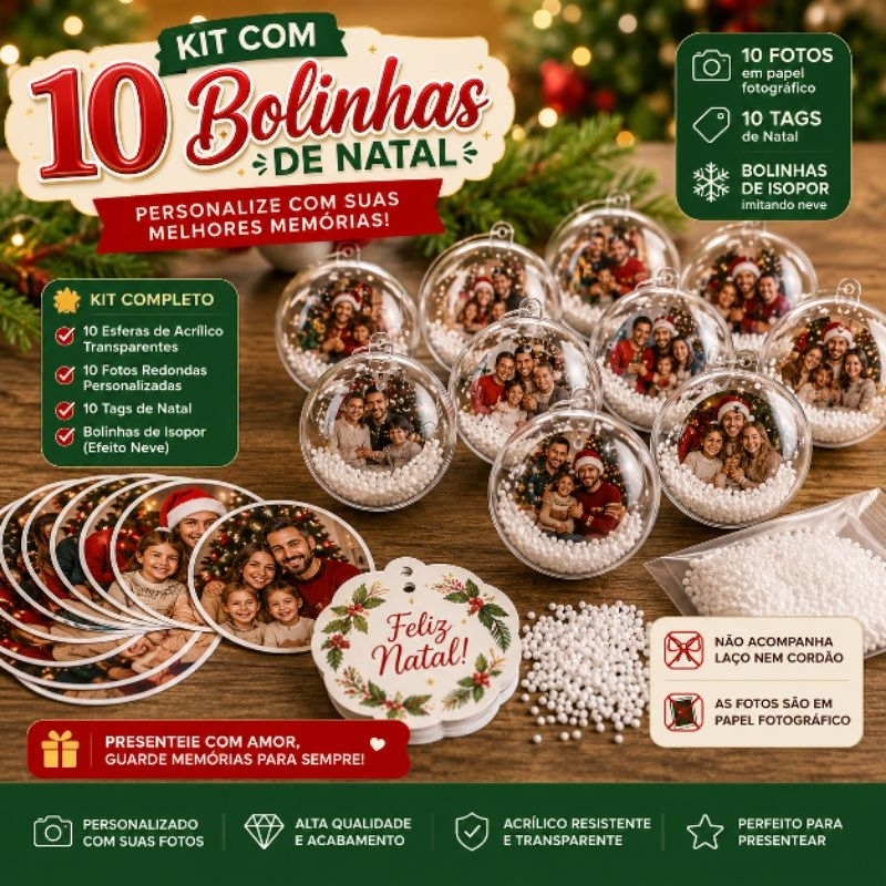 Kit 10 Bolinhas de Natal Acrílico Personalizadas com Foto + Tag Natalina 6,4cm. Bolinhas de Natal com foto avulsas