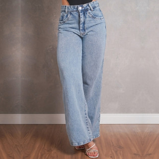 Calça Jeans Feminina Wide Leg Shopee Gaven Cintura Alta Tecido Grosso Marmorizada Linha P…