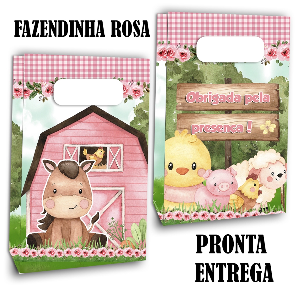 Sacolinha Surpresa Personalizada Lembrancinha Fazendinha Rosa PEGUE E MONTE