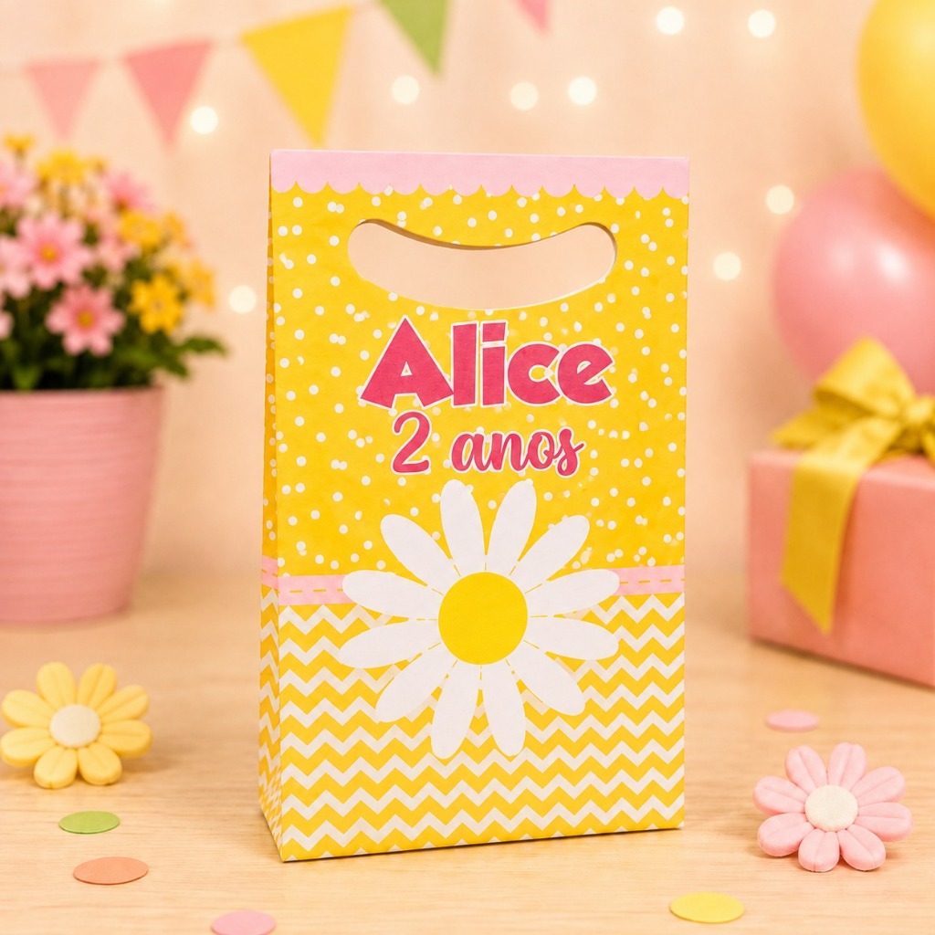 Kit Sacolinha Personalizada Margaridas Festa Infantil com Nome e Idade Lembrancinha Aniversário