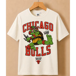 Camiseta Infantil NBA Chicago Bulls As Tartarugas Ninja Rafael - Pizza – Camisa Estampa Personagens