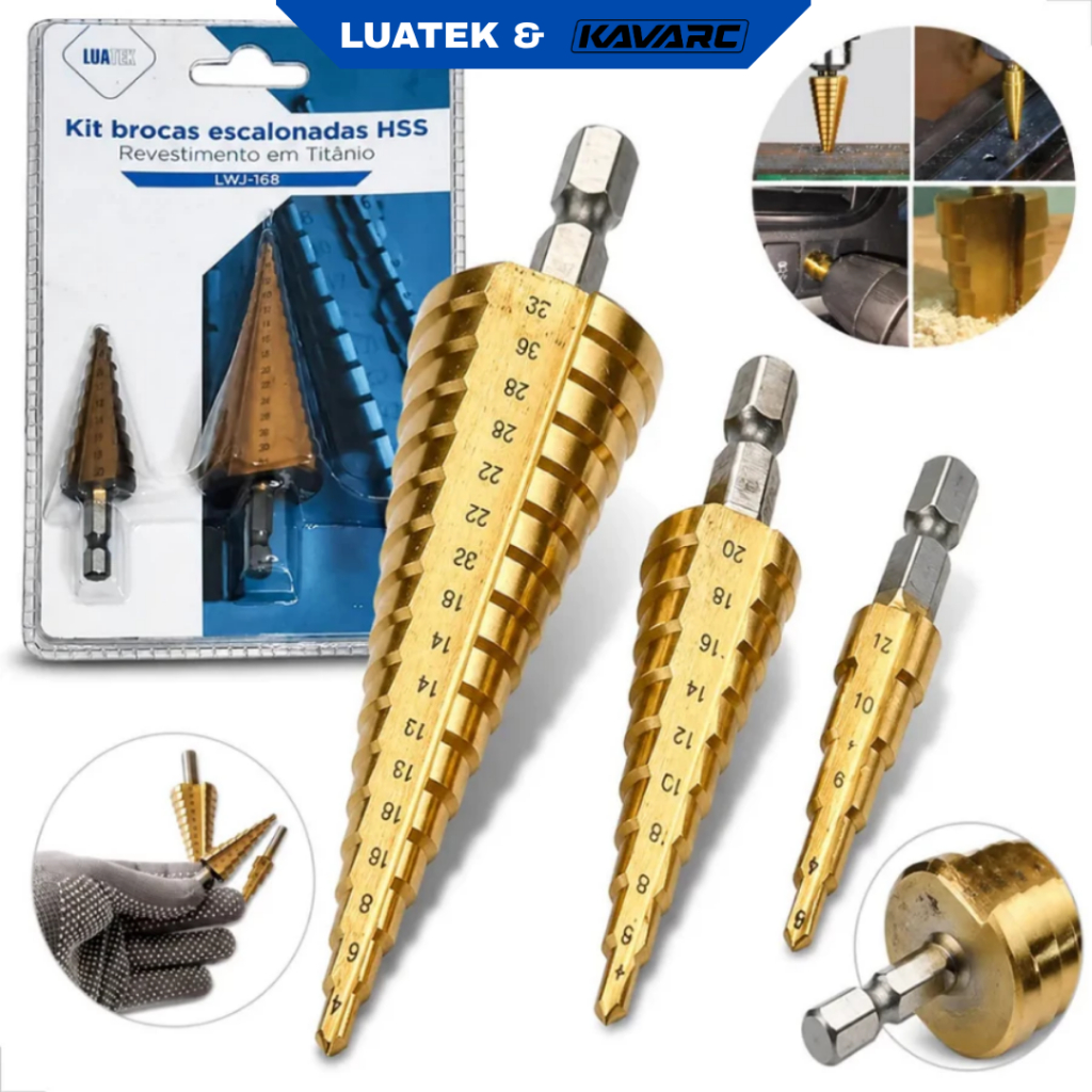 Kit 3 Brocas Escalonadas para Metal 4-12mm 4-20mm 4-32mm Aço Rápido HSS com Revestimento em Titânio LUATEK