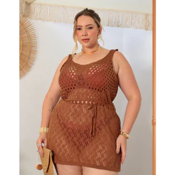 Saída de Praia Plus Size Vestido Curto Crochê Tricot Amarração 46 48 50 52 GG G1 Verão