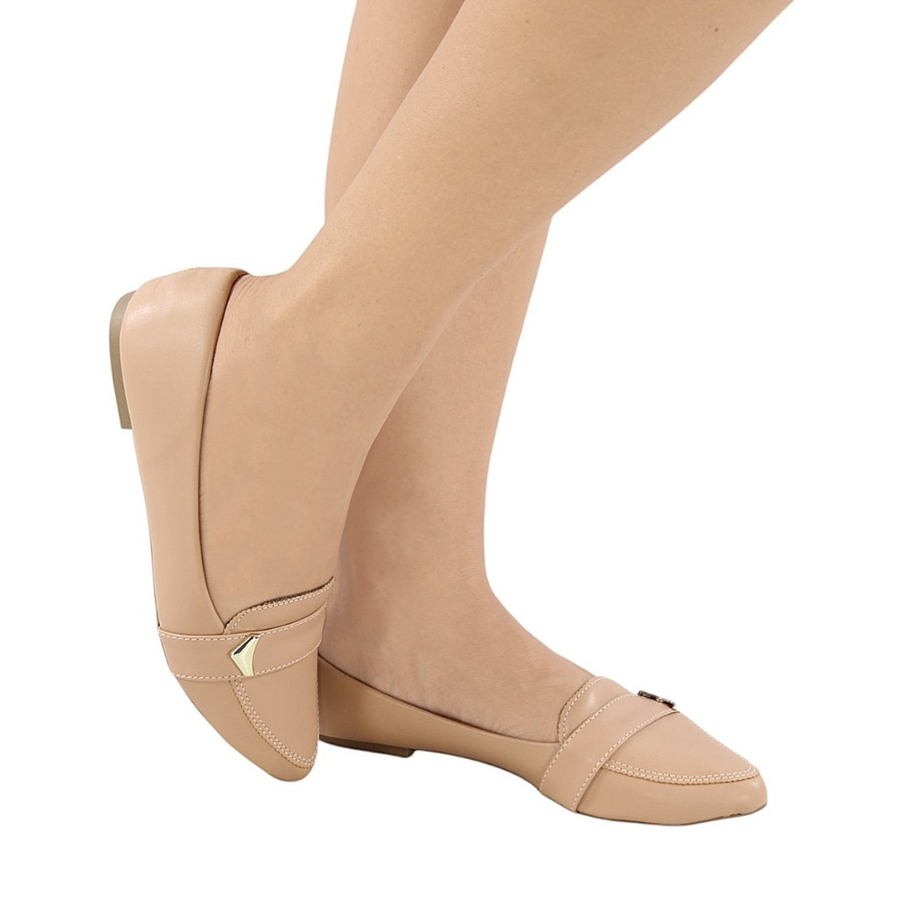 Mocassim Feminino Bico Fino Sapatilha com Fivela Dourada Confortável para Trabalho e Dia a Dia