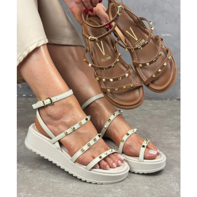 Sandália Papete FlatForm Vizzano Com Spakes Amarração Tornozelo Plataforma Anabela Macia Confortável Lançamento Original