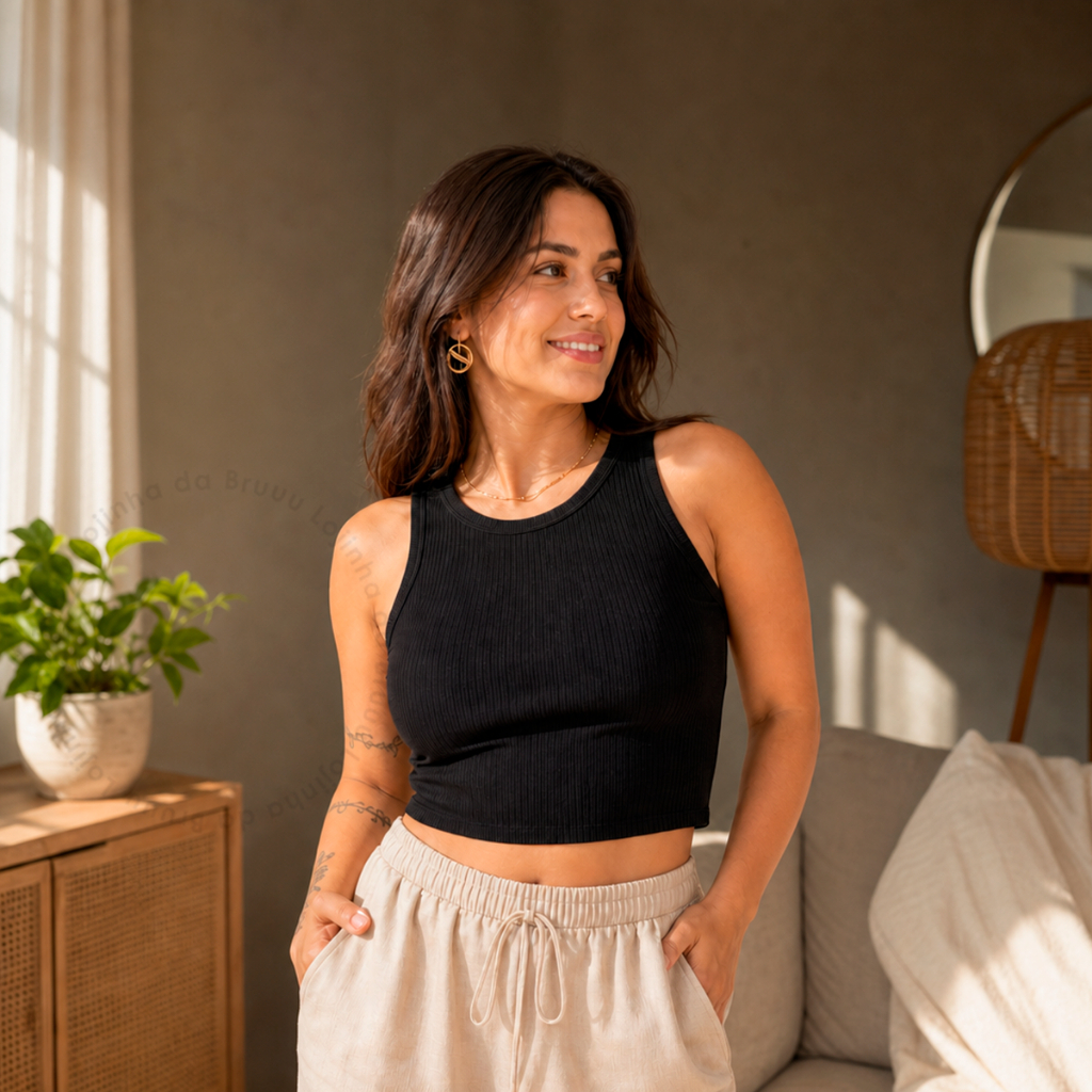 Regata Cropped Feminina Canelado Blusa Premium Em Viscose Estilosa Camiseta Casual Tendência