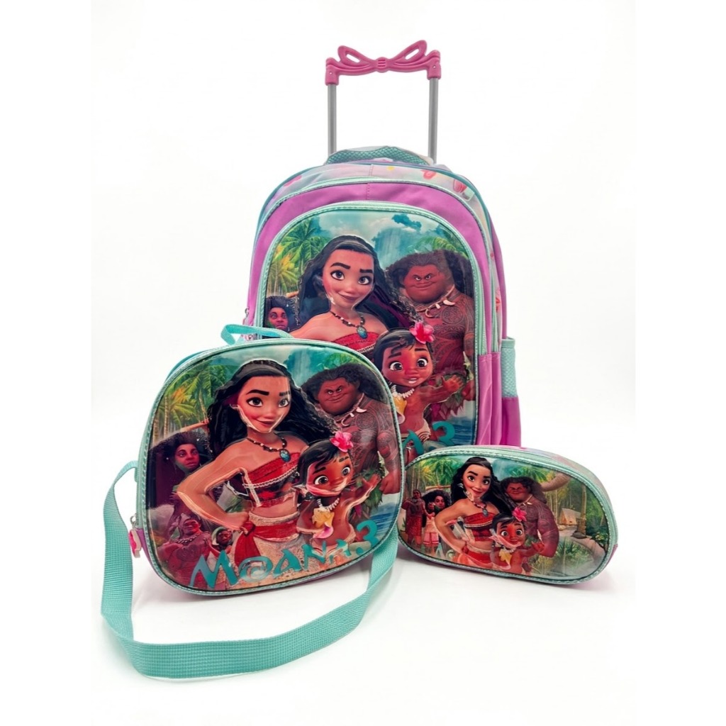 Kit Mochila Moana Infantil Rodinhas Escolar Com Lancheira Térmica e Estojo Menina