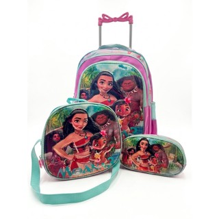 Kit Mochila Moana Infantil Rodinhas Escolar Com Lancheira Térmica e Estojo Menina