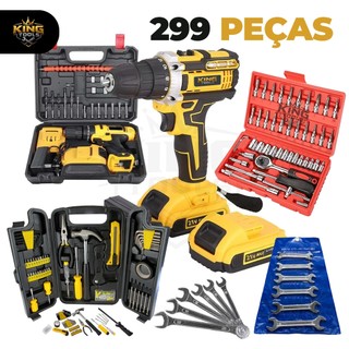 Maleta de Ferramentas 299 Peças com Parafusadeira/Furadeira 48V Sem Fio + Jogo de Soquete 46 Peças + Jogo de chave Fixa