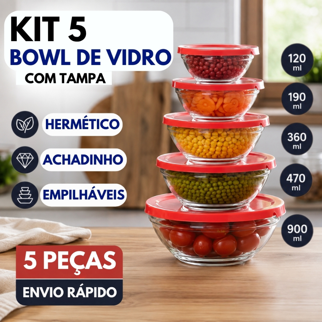 Conjunto Tigela Vidro Bowl Marmita Tampa 5 Peças Herméticos Cozinha Refeições Kit 5 Bowl de vidro