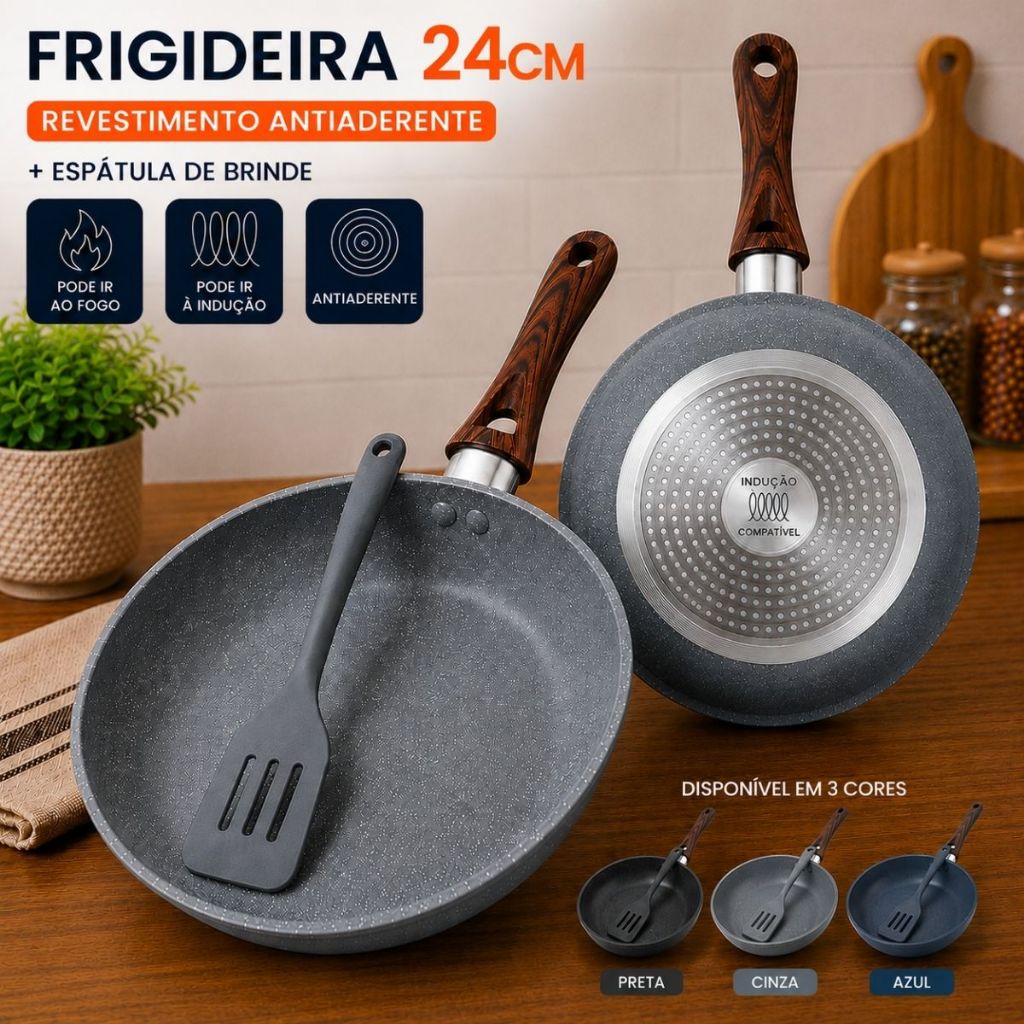 Imagem Frigideira Cerâmica Antiaderente 24cm Indução Cooktop Fogão a Gás Não Gruda Sem Óleo Com Espatula