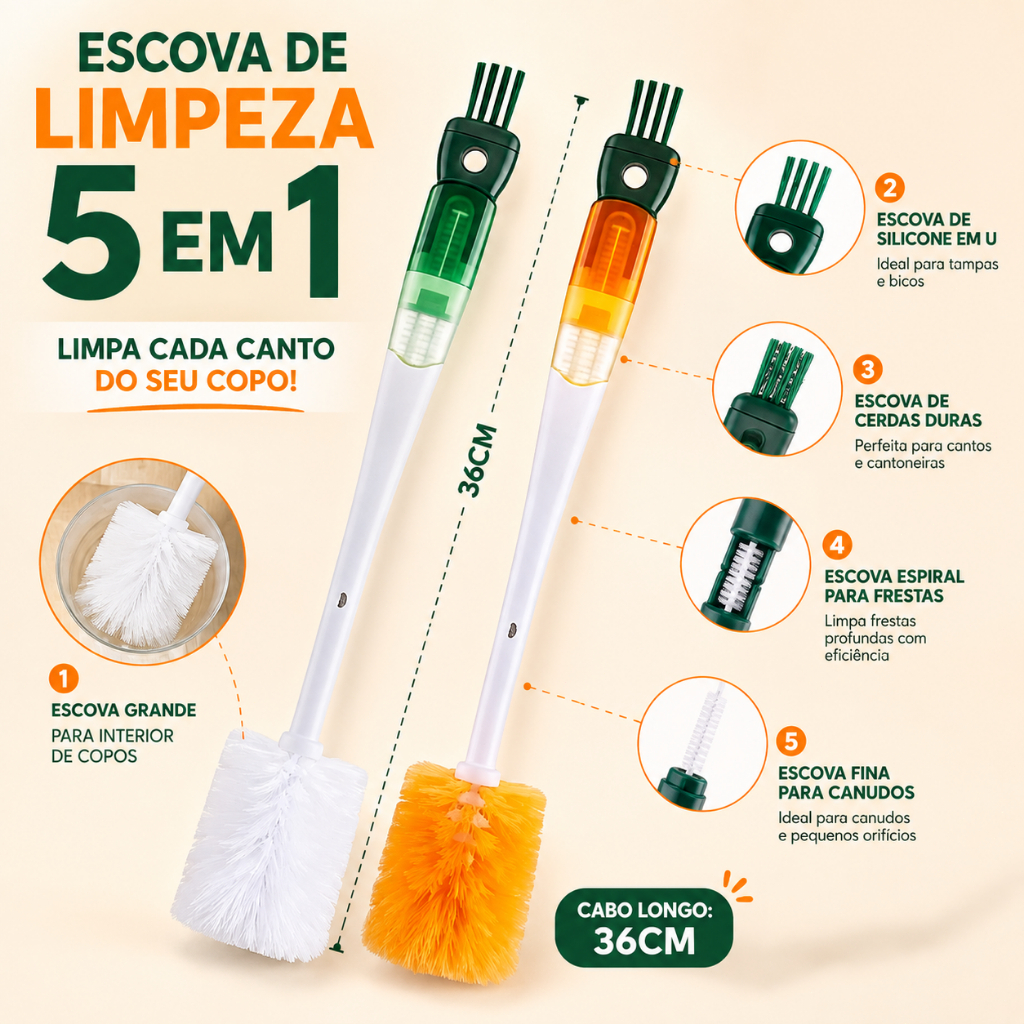 Escova Multifuncional 5 em 1 para Copos e Garrafas Cabo Longo 36cm Várias Pontas para Limpeza Completa de Mamadeiras e R