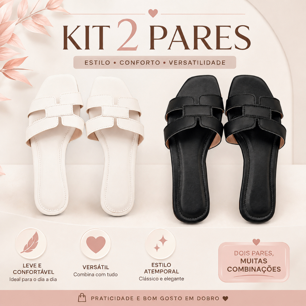 Kit 2 Pares Sandália Rasteirinha Feminina H Flat Vazada Bico Quadrado Confortável Casual Estilosa Leve