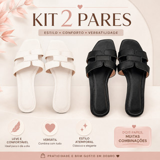 Kit 2 Pares Sandália Rasteirinha Feminina H Flat Vazada Bico Quadrado Confortável Casual Estilosa Leve