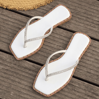 Chinelo Feminino Dedo Strass Brilho Bico Quadrado Confortável Festa Elegante