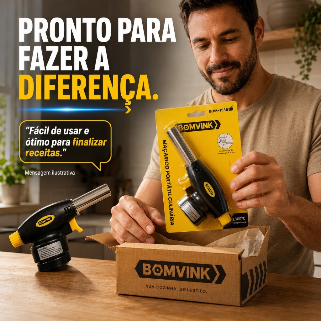 Maçarico Culinário Portátil a Gás Butano Acendimento Automático BOMVINK Profissional Regulável