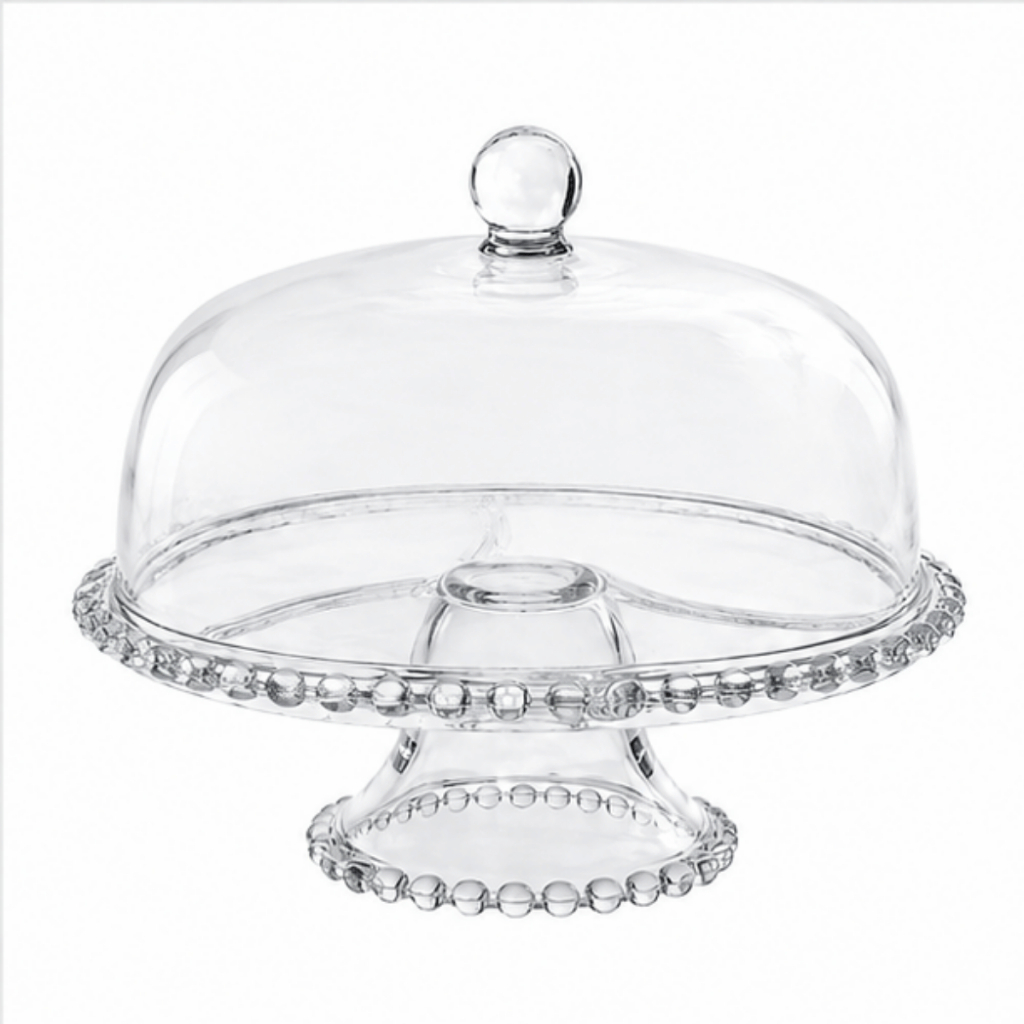 Prato Para Bolo com Pé e Tampa Pearl Wolff 25x23cm Vidro Cristal Boleira Fruteira