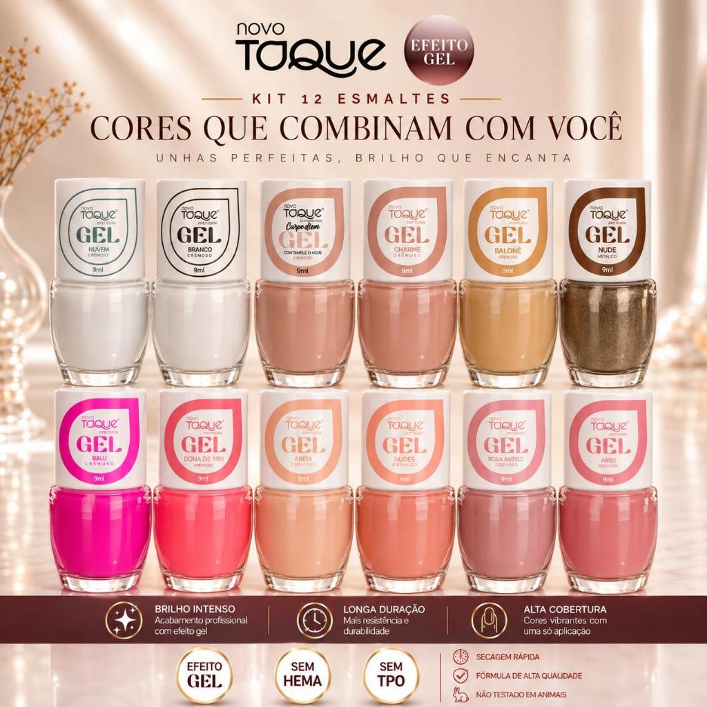 Esmalte Efeito Gel Novo Toque Kit 12 Cores Tons Claros Rosa e Nude Seca Sem Cabine Manicure Pedicure Lançamento