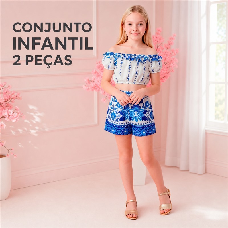 Conjunto Infantil Juvenil Feminino Cropped e Short Estampado Azul – Moda Verão Confortável e Moderna