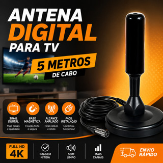 Antena Digital para TV UHF/VHF com Base Magnética e Cabo de 5 Metros – Sinal Digital HDTV