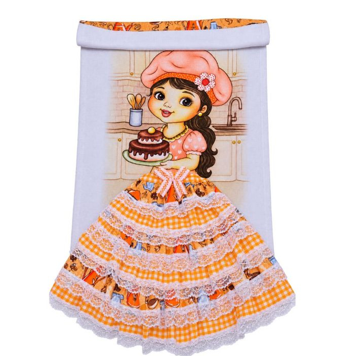 Pano de prato de boneca decorado artesanal com barrado de tecido e Renda