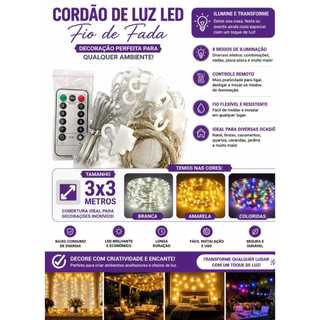 Cordão de Luz LED 3x3 Metros – Fio de Fada com Controle Remoto Deixe qualquer ambiente mais bonito, aconchegante e ilumi