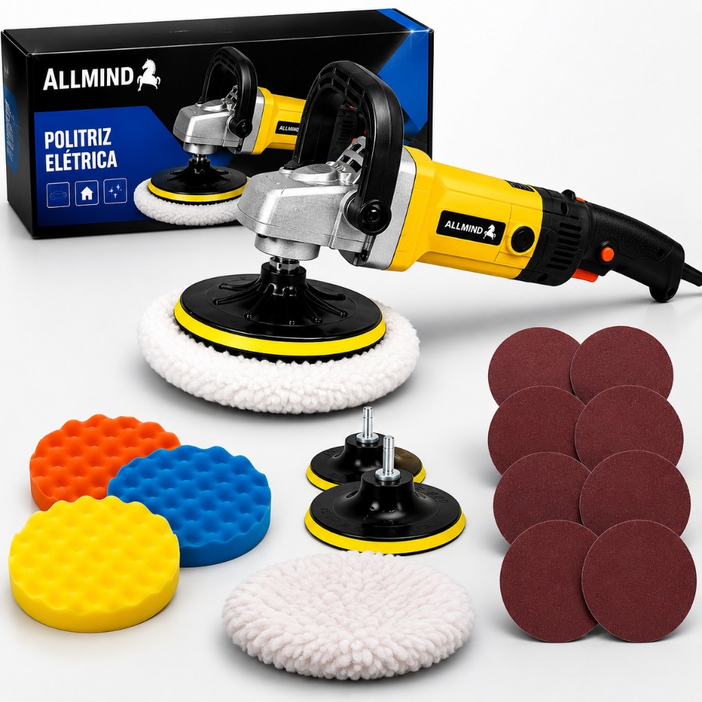 Politriz Profissional Automotiva 7” 180mm 1300W ou 1480W Velocidade Ajustável M14 com Kit de Boinas e Acessórios
