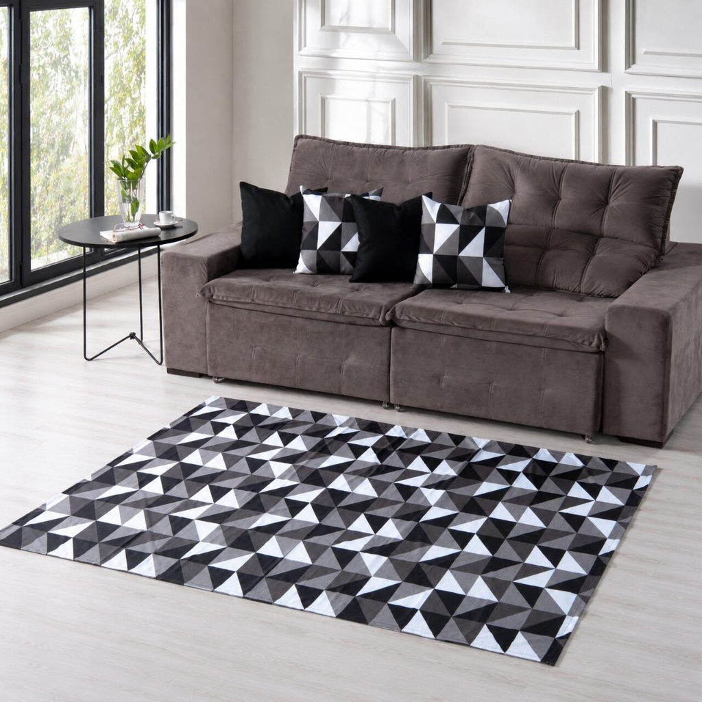 KIT TAPETE SALA QUARTO GEOMETRICO 1M X 1,40M + 04 CAPAS GORGURINHO 45CMX45CM JOGO COMPLETO