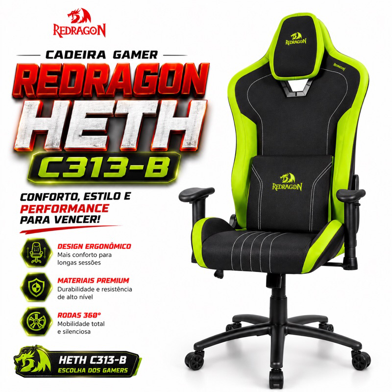 Cadeira Gamer Redragon Heth C313 Ajustável 2D Encosto Confortável Rodas 55mm até 130kg Cadeira Gamer Computador Gamer