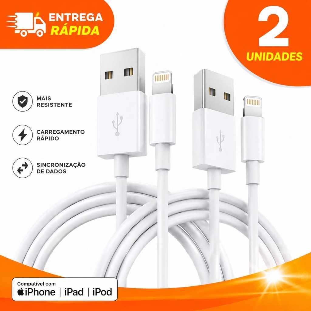 Kit 2 Cabos Iphone Lightning x USB 1 Metro IOS Carregamento Rápido Turbo e Resistente