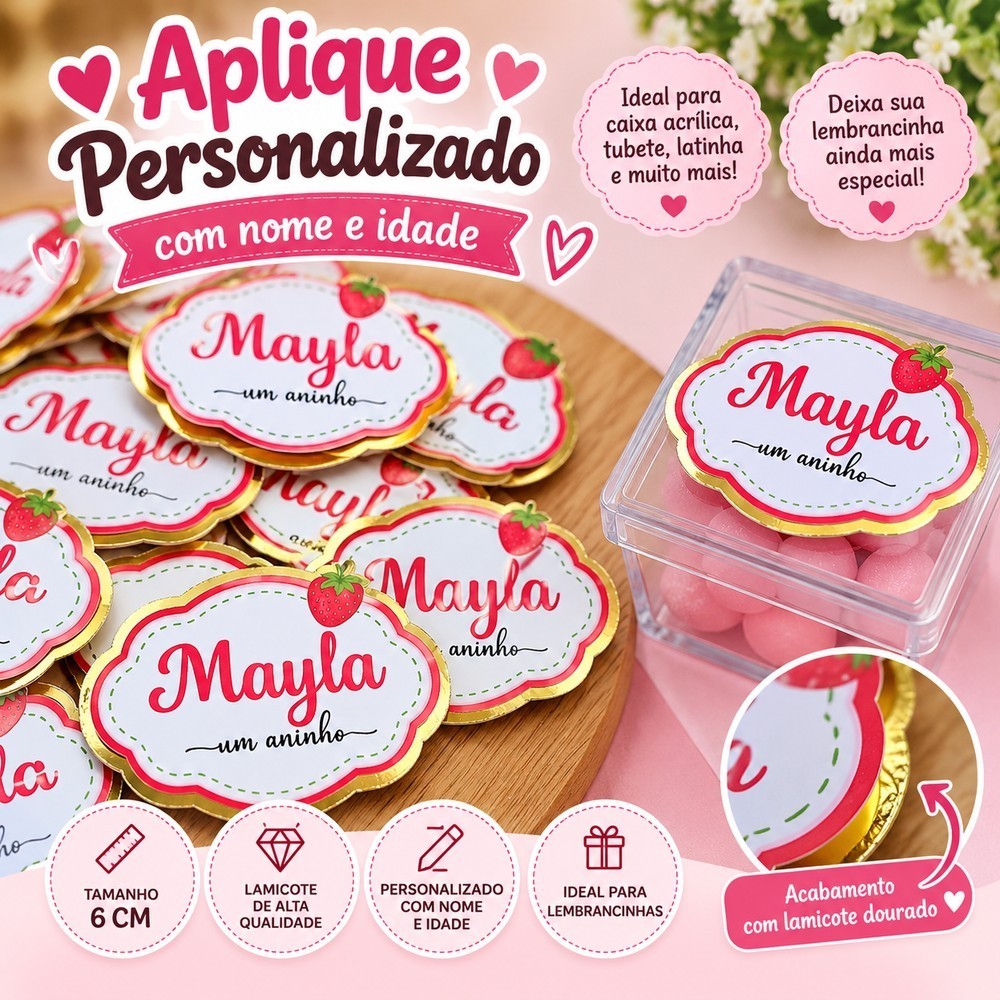 Aplique Moranguinho Personalizado | Relevo 3D com Acabamento em Lamicote Dourado | Todos os Temas