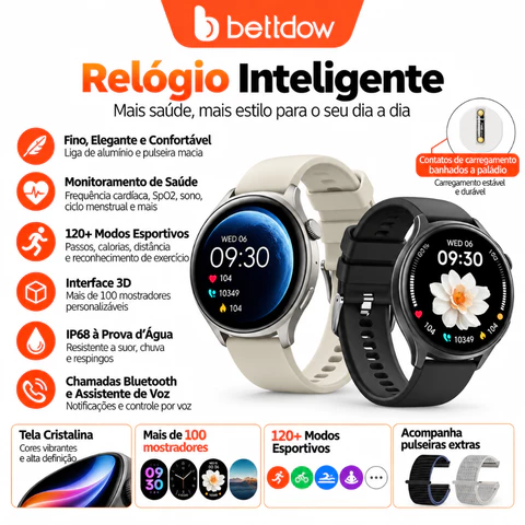Smartwatch BETTDOW FB060 IP68, liga de zinco, 3D dinâmico, monitora saúde completo e tem assistente de voz.