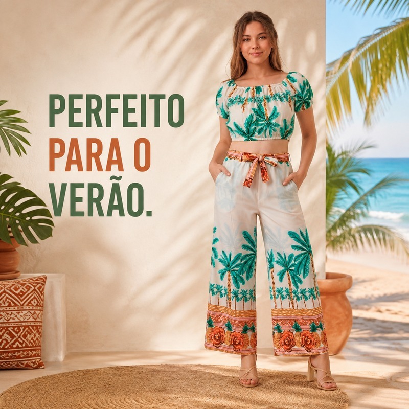 Conjunto Juvenil Feminino Cropped e Calça Pantalona Estampada Moda Menina Verão Tendência Confortável Tam 10 ao 16