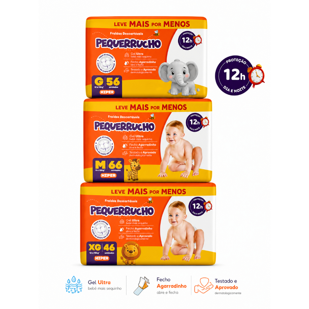 Fraldas Piquerrucho Hiper pacotão leve mais por menos 12 horas de proteção dia e noite fraldas descartável na promoção