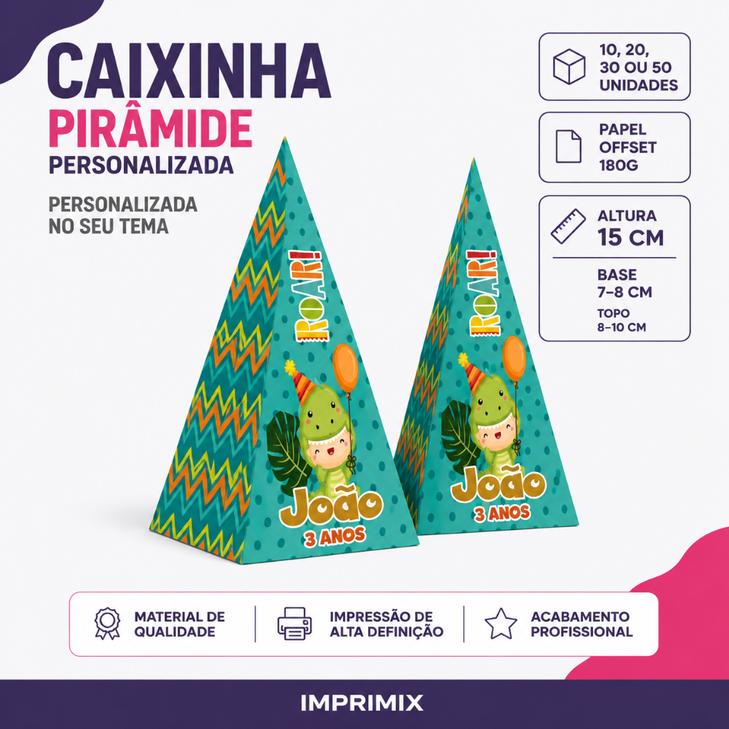 Caixinha Cone Pirâmide Personalizada Qualquer Tema Caixa Doces Guloseimas Lembrancinha Festa Infantil Kit 10 a 50
