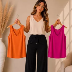 Kit 3 Regata Feminina Blusa Alça Larga Duna Blusinha Basica Premium Crepe Social Casual Dia a Dia