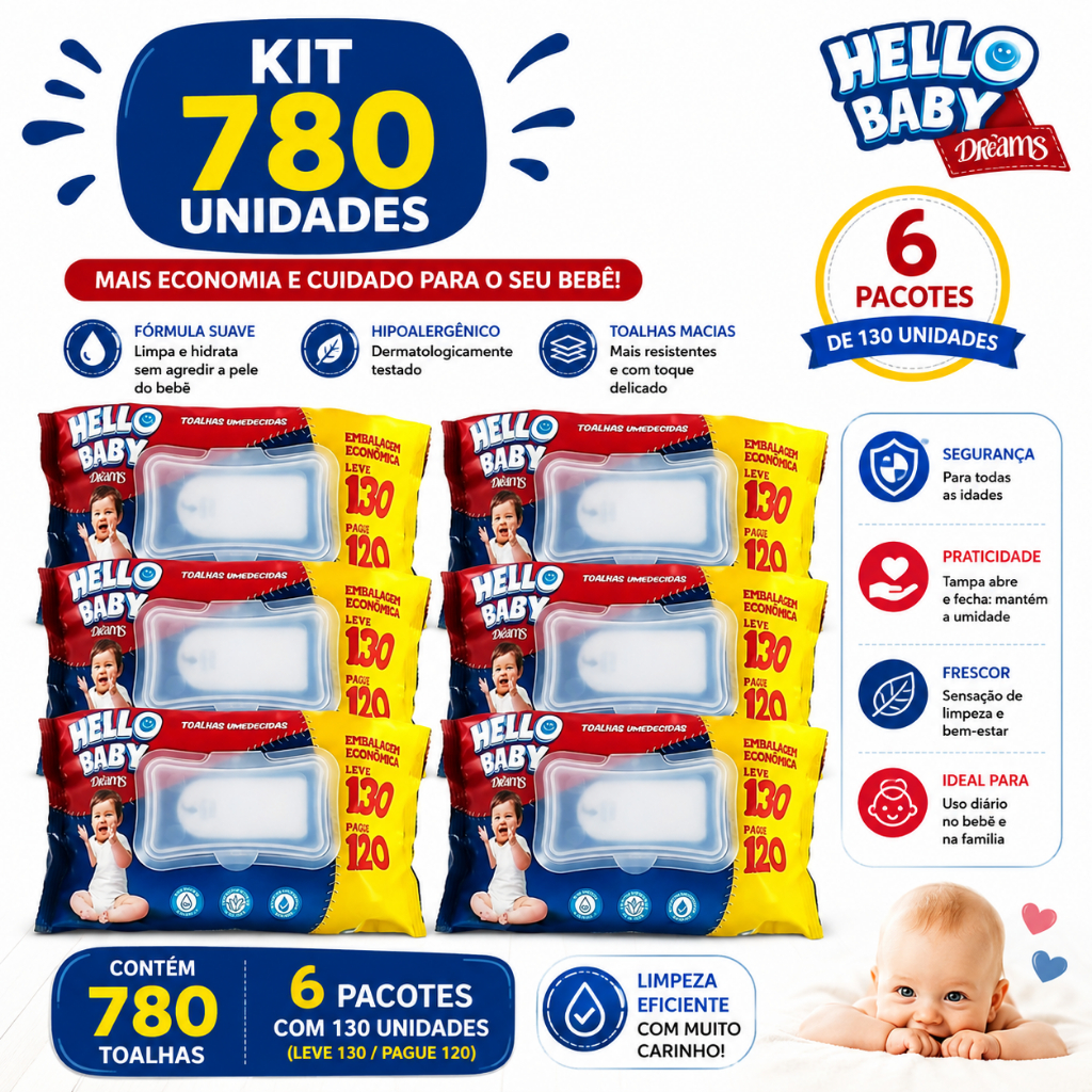 Kit 6 Pacotes Lenços Umedecidos Hello Baby Toalha Limpeza Bebê Hipoalergênico Suave Hidratante Pele Delicada 96un