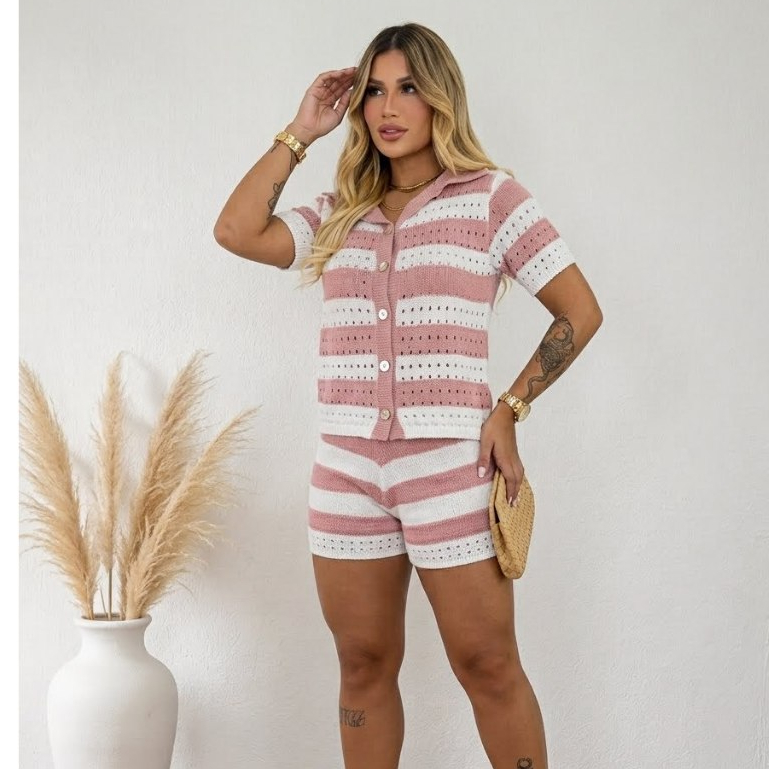 Conjunto Tricot Listrado Feminino Camisa Polo Com Botão + Shorts Forrado Moda Verão Confortáve