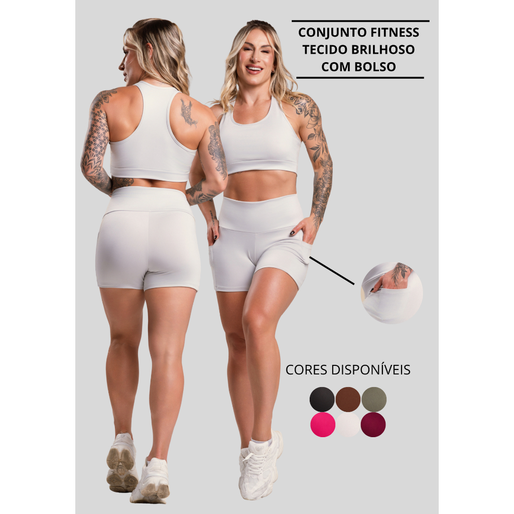 Conjunto Fitness Feminino Brilhoso Academia Top Nadador Liso e Short Esportivo Com Bolso Cintura Alta ZERO TRANSPARÊNCIA