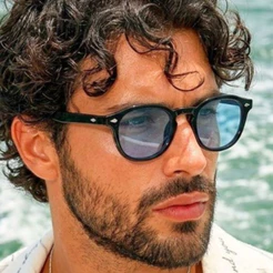 Óculos de Sol Redondo Preto e Azul Claro Premium Vintage Ruyter Classico Tendencia uv400 Masculino