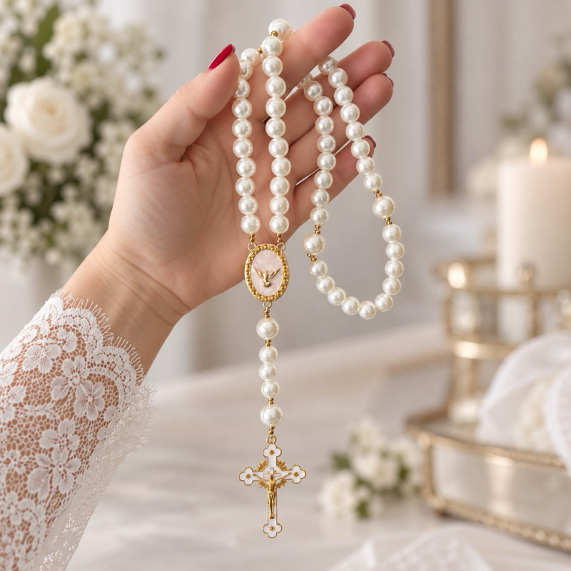 Terço Divino Espírito Santo Luxo Terço grande de pérolas Terço casamento kit com caixa de presente e organza