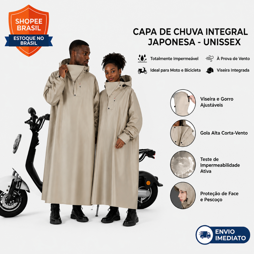 Capa de Chuva Impermeável Unissex para Motociclista Capuz Ajustável Gola Alta Proteção Contra Vento e Chuva
