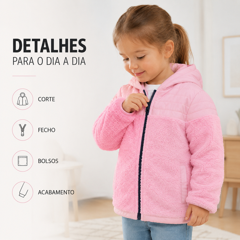 Conjunto Infantil Inverno Menina Jaqueta Peluciada com Capuz + Calça Cargo Moletom