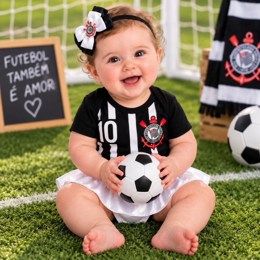 Body Bebê Corinthians com Saia e Laço Roupa Infantil Time Futebol Algodão Confortável Premium