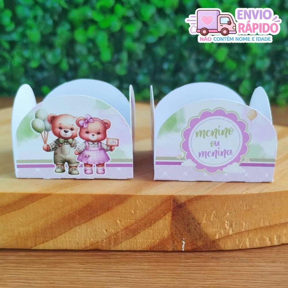 Ursinho Lilás e Verde Chá Revelação Chá de Bebê Kit Forminhas 4 Pétalas Nº 6 para Doces e Brigadeiros de Festa
