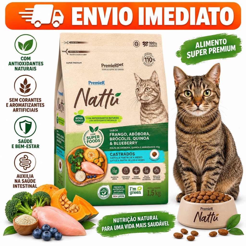 Ração Premier Nattu Gato Adulto Castrado Sabor Frango, Abóbora, Brócolis, Quinoa e Blueberry 1,5 kg
